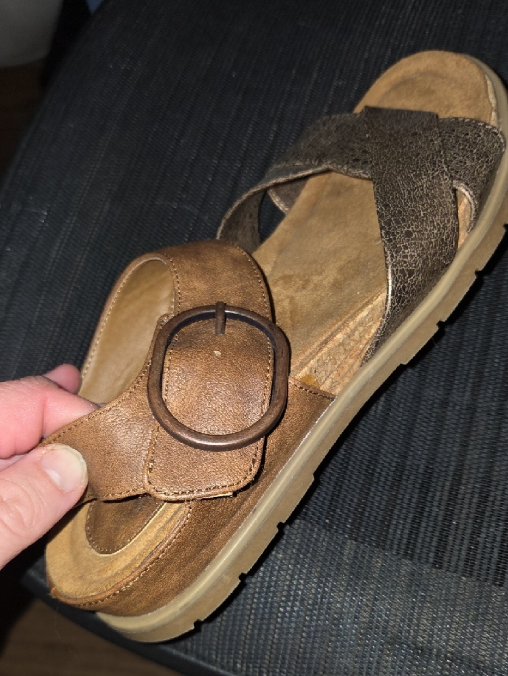 Women’s Brown & Metallic Bronze Cross-Strap Sandals with Buckle - Picture 11 of 12